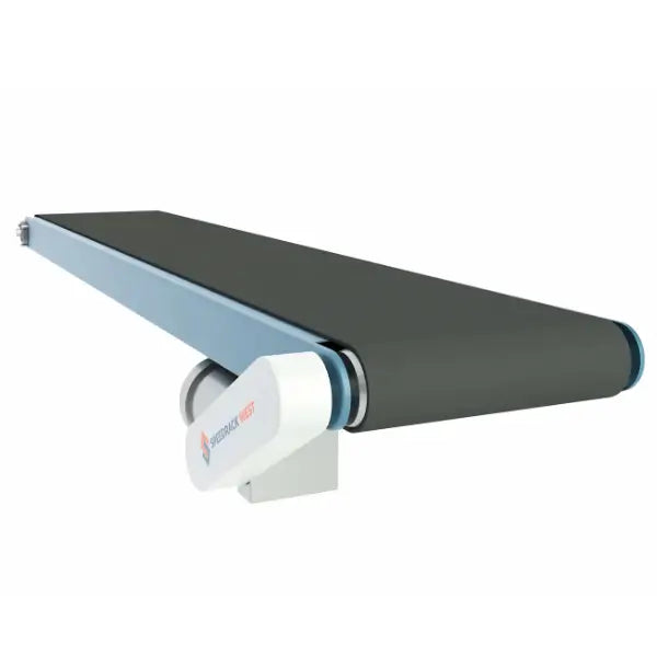 Box style slider bed belt conveyor front view industrial package and material handling system