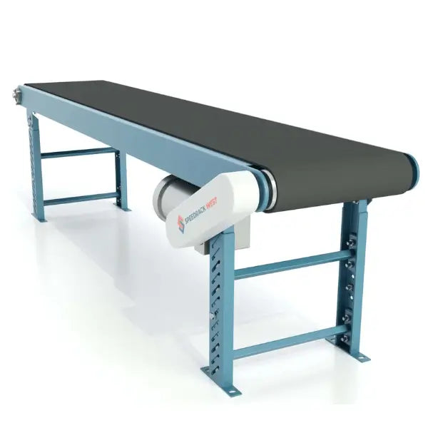 Box style slider bed belt conveyor front view with support base industrial material handling system