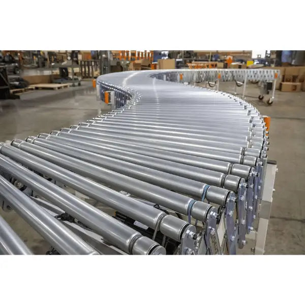Flexible powered roller conveyor left side view expandable industrial material handling system