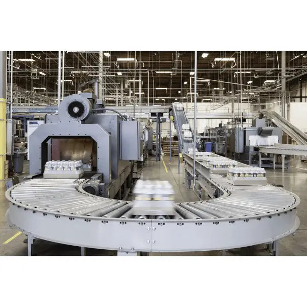 Galvanized gravity roller conveyor curved section lifestyle view industrial warehouse material handling system
