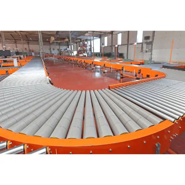Galvanized roller gravity conveyor curved section lifestyle front view industrial warehouse material handling system