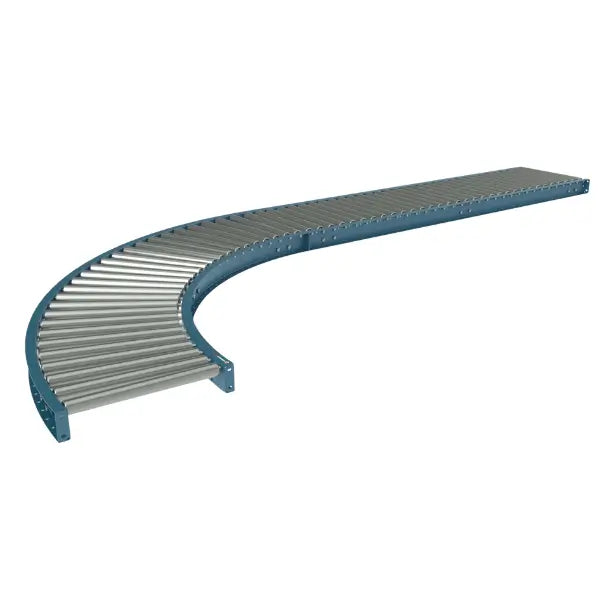 Galvanized roller gravity conveyor curved section right view industrial material handling system