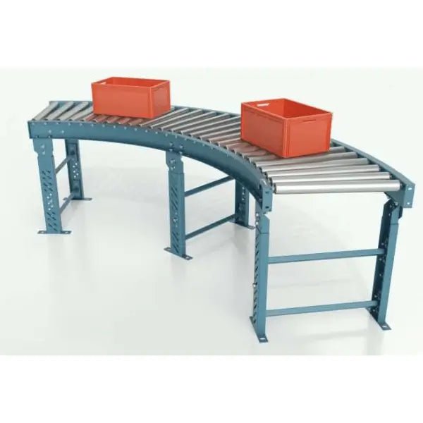 Curved section of gravity roller conveyor system with steel frame and industrial rollers for material handling