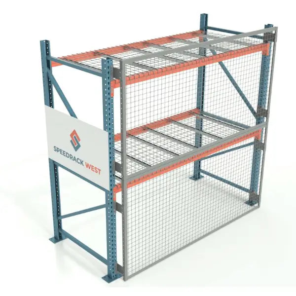 Heavy duty load stop screens with rack top view showing industrial warehouse safety barrier system and pallet racking layout