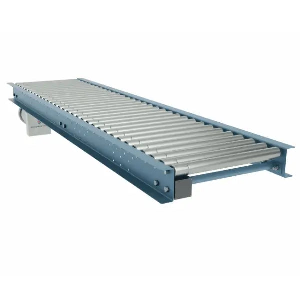 Line shaft conveyor front view industrial powered roller conveyor system for material handling and package transport