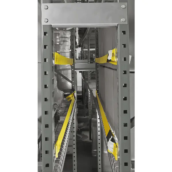 Pallet rack safety strap lifestyle view showing industrial warehouse load securing system in real storage environment for pallet rack stabilization and fall protection