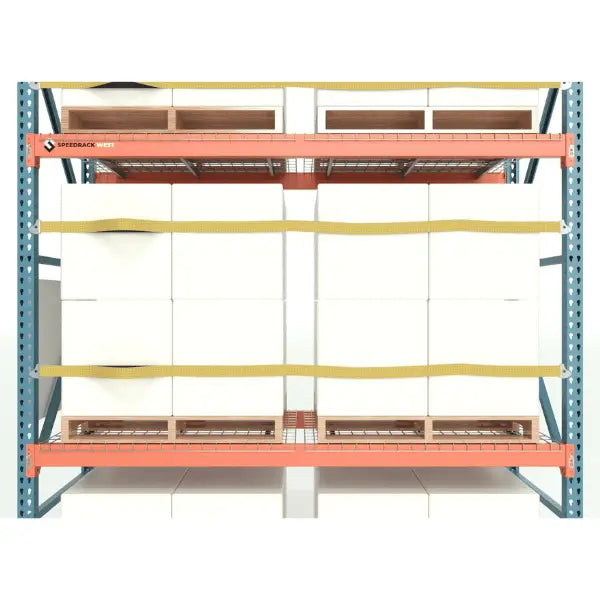 Pallet rack safety strap with rack industrial warehouse load securing system for pallet rack stabilization and fall protection
