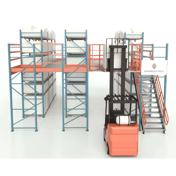 Pallet rack supported mezzanine front view featuring elevated warehouse storage and industrial platform system