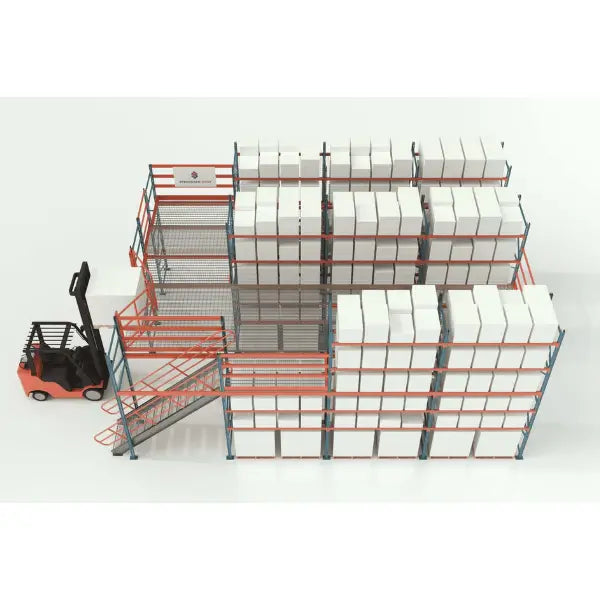 Pallet rack supported mezzanine side view showing elevated warehouse storage and workspace structure