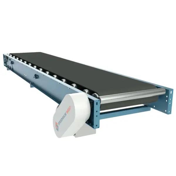 Medium duty slider bed belt conveyor with support base and carton for industrial material handling applications
