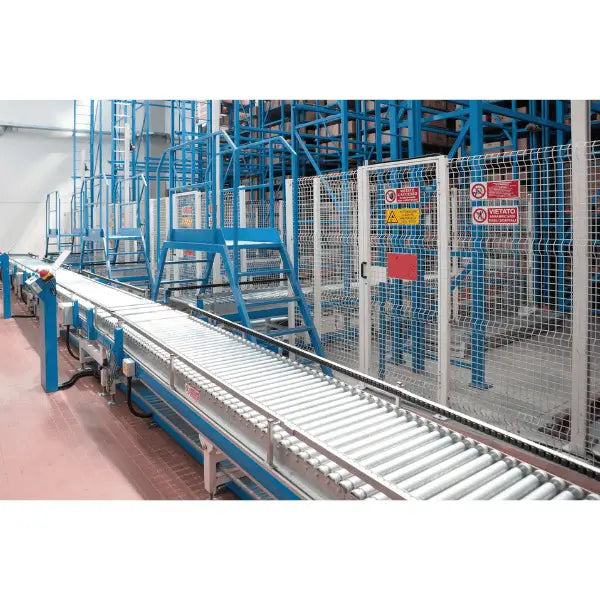 Light-duty galvanized gravity roller conveyor straight section in industrial warehouse setting for material handling use