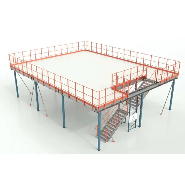 Structural steel mezzanine system front view for warehouse storage expansion and industrial workspace optimization