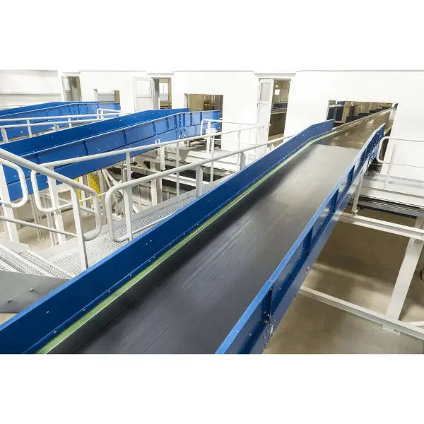 Trough bed belt conveyor lifestyle image for industrial bulk material handling applications