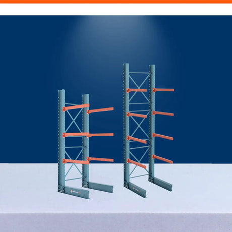 Cantilever racking collection with steel storage racks and orange support arms for industrial warehouse use.