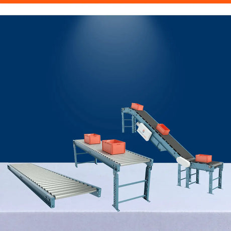 Conveyor systems collection with roller conveyors and inclined belt conveyor for warehouse material handling.