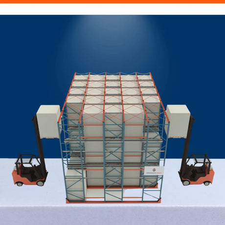 Distribution center shelving system with heavy-duty steel storage racks for warehouse inventory organization.