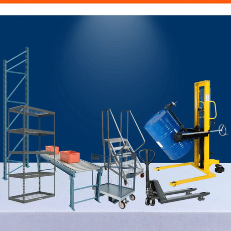 Enterprise warehouse equipment systems featuring racking, conveyors, pallet jacks, carts, and drum handlers.