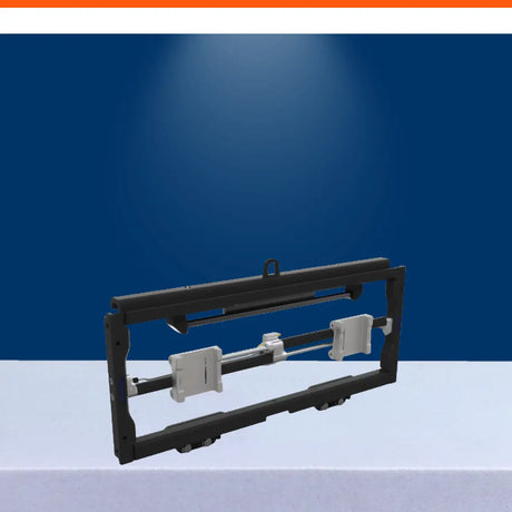 Forklift fork positioner attachment for adjustable pallet handling and efficient warehouse material transport.
