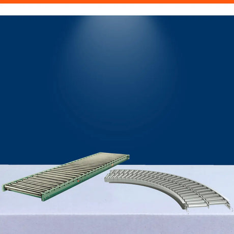 Gravity roller conveyor systems with straight and curved sections for warehouse material handling and product transport.