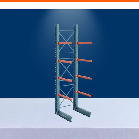 Heavy duty cantilever racking system with reinforced steel frame and orange arms for industrial storage.