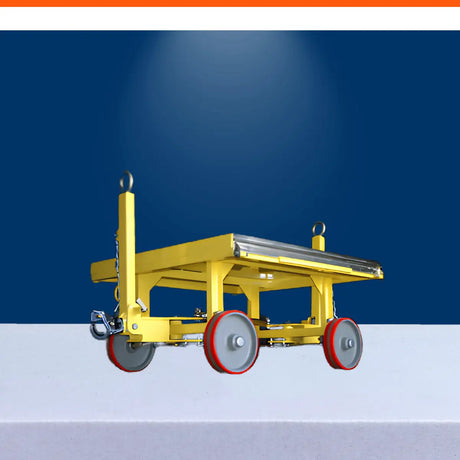 Heavy-duty industrial cart with steel platform and caster wheels for warehouse material transport and handling.