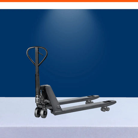 Heavy-duty pallet jack with reinforced steel forks for warehouse material handling and industrial pallet transport.