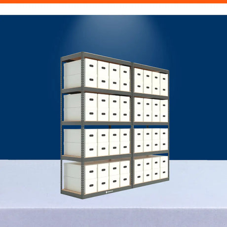 High-density shelving system with archive storage boxes for organized warehouse, office, and records management.