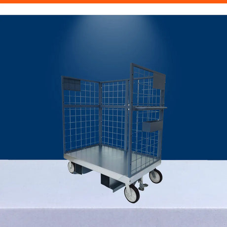 Industrial wire mesh cart with caster wheels and steel platform for secure warehouse material transport.