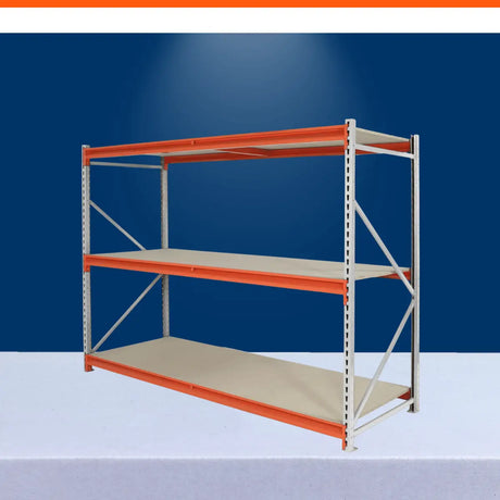 Long span shelving collection with heavy-duty steel storage rack and wide industrial shelving system.