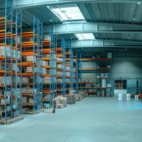 Manufacturing warehouse systems with industrial pallet racking, organized storage shelves, and logistics inventory.