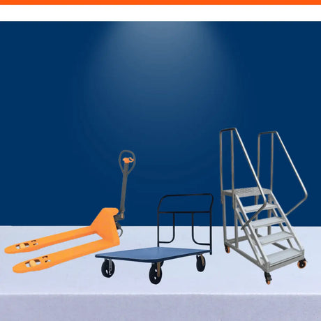 Material handling equipment collection with pallet jack, utility cart, and rolling warehouse safety ladder.