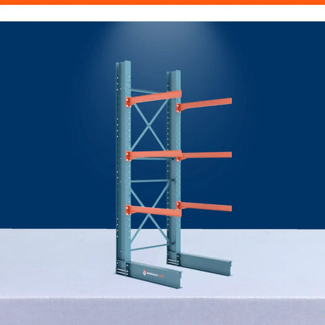 Medium duty cantilever racking system with steel frame and orange support arms for warehouse storage.