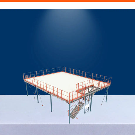 Industrial mezzanine floor system with steel platform, safety railings, and staircase for warehouse expansion.