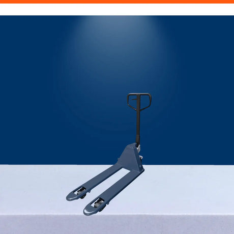 Narrow aisle pallet jack with compact steel forks for efficient warehouse pallet transport in tight spaces.