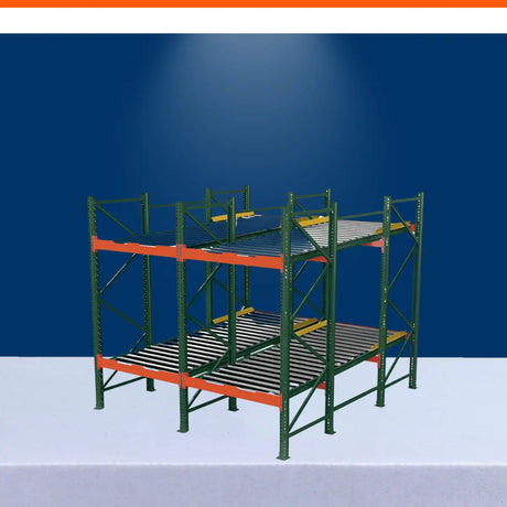Pallet flow racking system with gravity roller lanes for efficient warehouse storage and FIFO inventory handling.