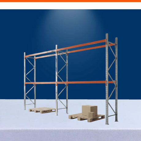 Pallet racking systems with steel warehouse shelving, orange beams, and wooden pallets in industrial storage space.
