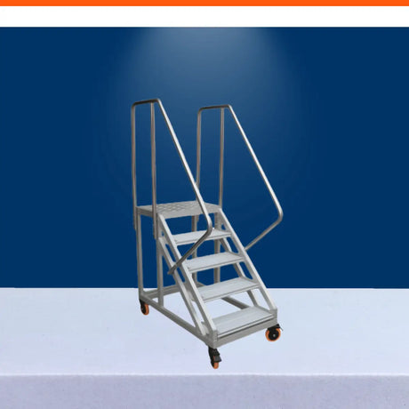 Mobile platform ladder with safety rails, anti-slip steps, and wheels for warehouse and industrial access.