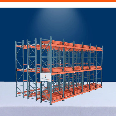 Push back pallet racking system with rolling cart lanes for high-density warehouse storage and inventory handling.