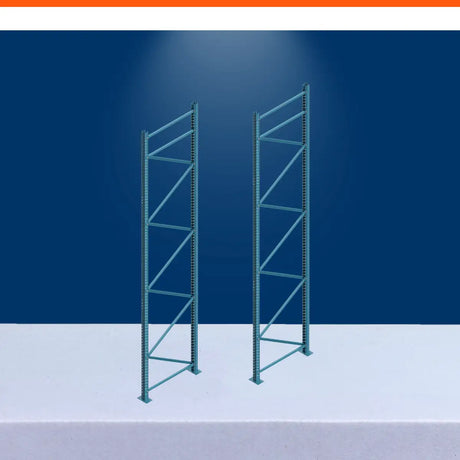 Rack supported mezzanine floor system with steel support frames for industrial warehouse storage solutions.