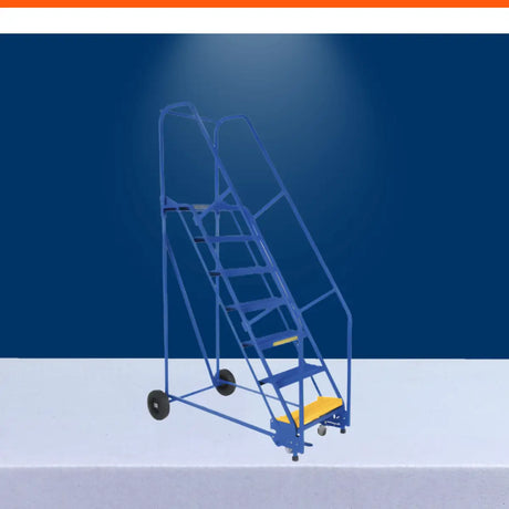 Rolling warehouse ladder with safety rails and mobile steel steps for industrial storage access and picking
