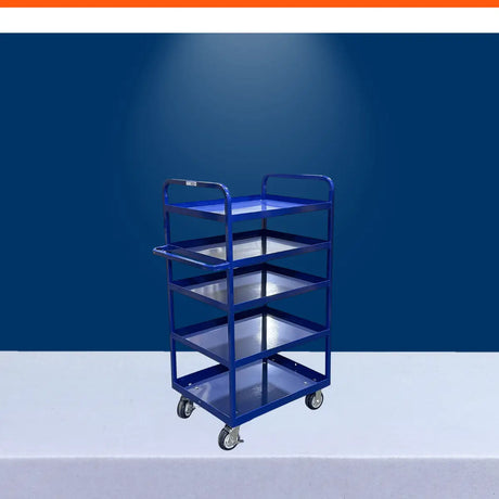 Multi-tier shelf cart with steel storage trays and caster wheels for warehouse organization and material handling.