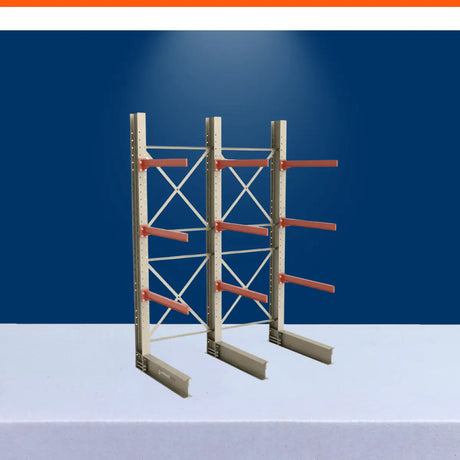 Single-sided cantilever racking system with steel frame and orange arms for industrial material storage.