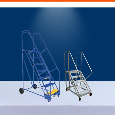 Warehouse ladders with rolling steel frames and safety rails for secure industrial storage access and picking.