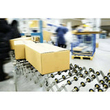 Flexible gravity conveyor lifestyle image with yellow box portable roller conveyor material handling system
