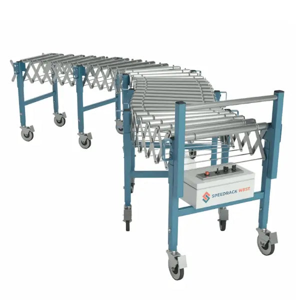 Flexible powered roller conveyor front view expandable industrial material handling system
