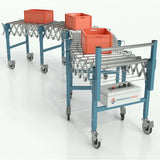 Flexible powered roller conveyor front view with carton box expandable industrial material handling system

