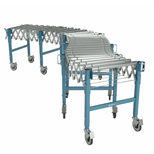 Flexible roller conveyor front left view portable material handling conveyor system
