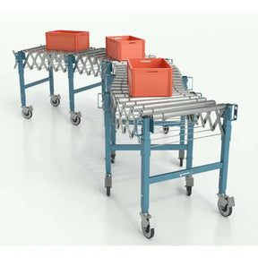 Flexible roller conveyor front view portable material handling conveyor system
