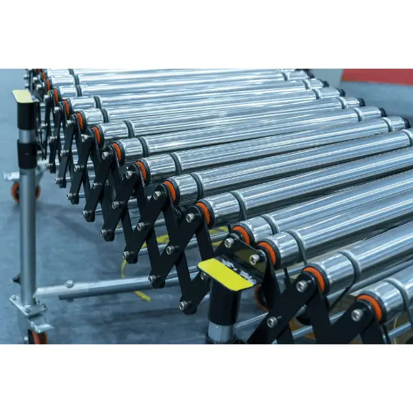 Flexible roller conveyor left view portable material handling conveyor system
