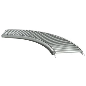 Galvanized gravity roller conveyor curved section front view industrial material handling system
